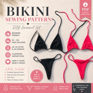 May include: A digital PDF sewing pattern for a bikini swimsuit set. The image displays text including BIKINI SEWING PATTERN, DIY Swimsuit Set, and features two bikini sets, one in black and one in bright pink, each with triangle tops and ties.
