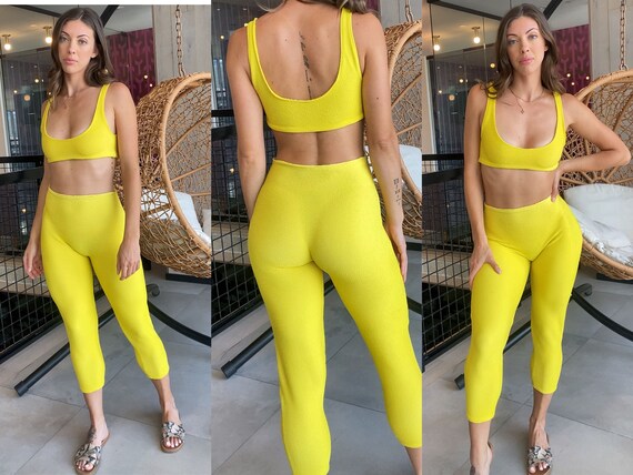 High Waist Push-Up Squad Yoga Pants Neon Yellow Leggings and Tops Sets 
