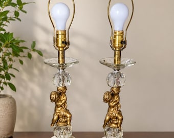 Vintage brass and crystal cherub table lamp with a marble base 2