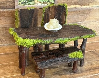 Faerie Kitchen Table with 2 Chairs, Bench, Candle and Forest Landscape Framed Picture