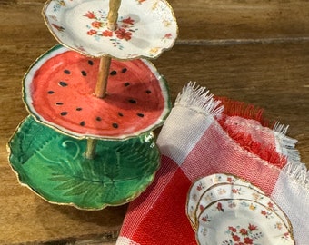 Handmade, Faerie Kitchen Accessories, Watermelon Tiered Food Tray,Plates and Picnic Blanket, Table Cloth, Mouse House, Dollhouse