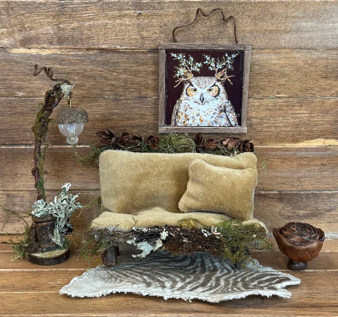 Woodland Faerie Couch, Animal Print Rug, Rose Pinecone Table, Lamp, Owl ...