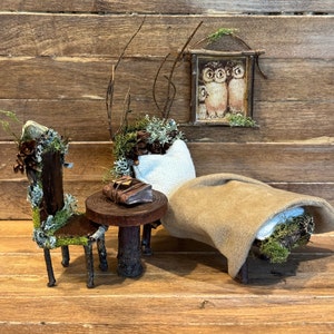 Faerie Bed with Side Table, Chair, Journal and Owl Family Framed Print