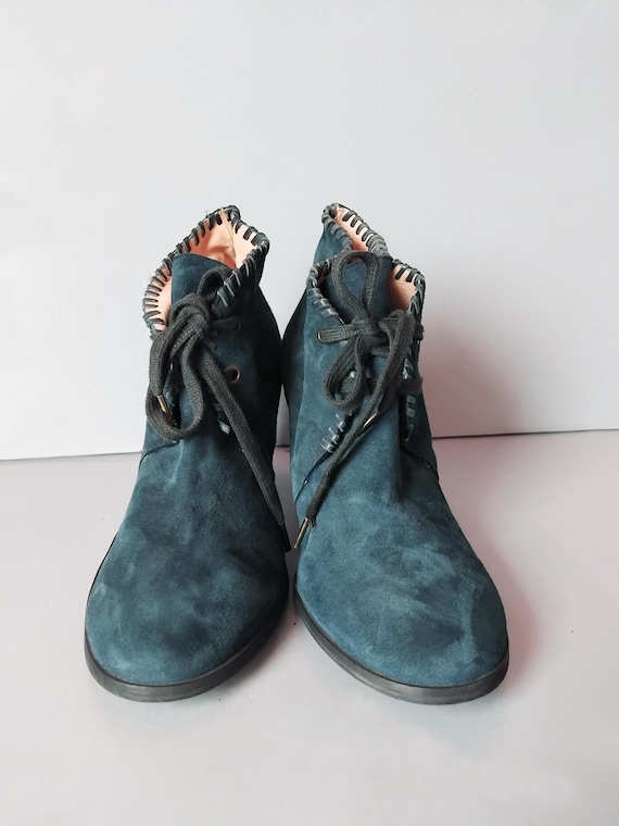 Petrol Blau Wildleder Schnür Ankle Boots Spitze Designer Stiefel