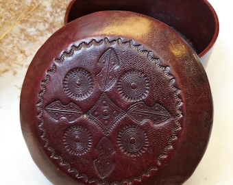Vintage Hand made Round Leather Box, Embossed Leather Jewelry  Box, Dark Red Leather Small Oval Trinket Box