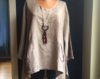 Blusa tipo túnica de lino vintage: talla grande, manga 3/4