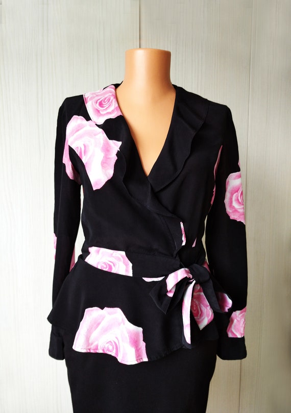 Vintage GANNI Black /Pink Fayette Silk Shirt, Gann