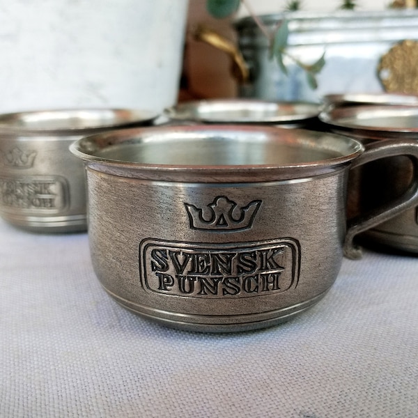 Vintage Swedish Pewter Set of 5 Punch Cups, Engraved Svensk Punsch, Scandia Tenn Karlshamn Small Drinking Cups