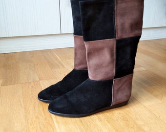 Vintage Suede Patchwork Boots: Italian Leather, Size 7