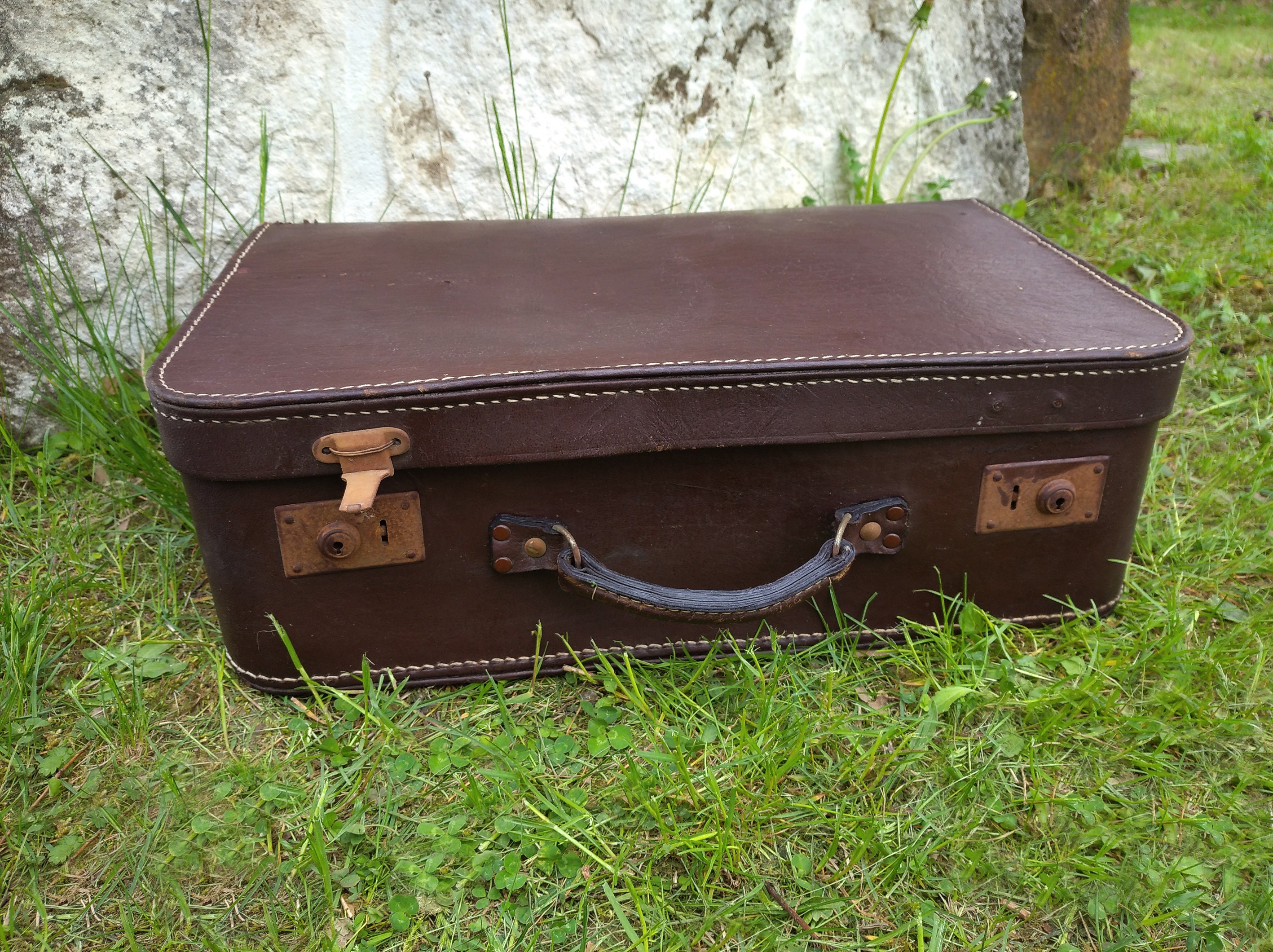 Brown Leather Suitcase with Brass Locks c.1940