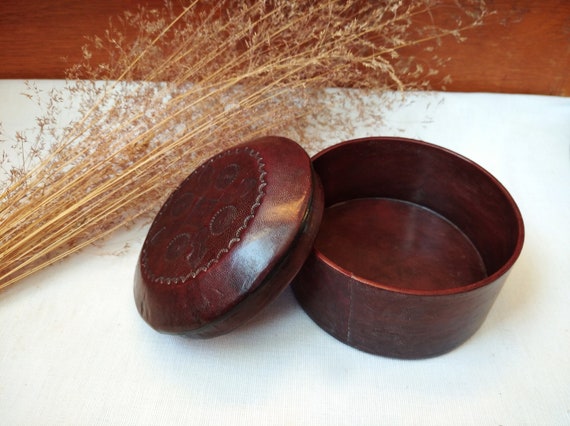 Vintage Hand Made Round Leather Box, Embossed Leather Vintage Hand Made Round Leather Box, Embossed Leather