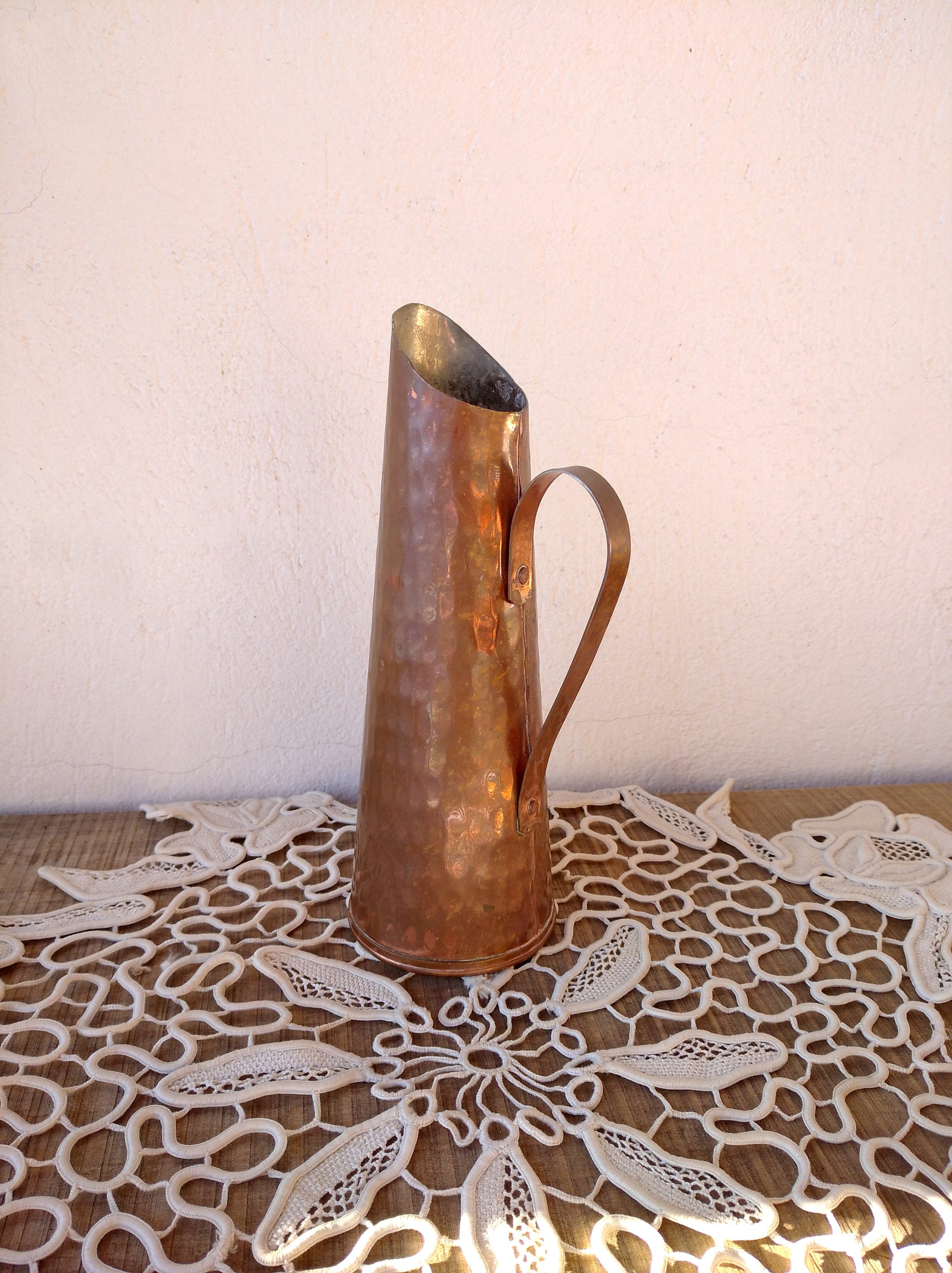 Antique Copper Pitcher,Rustic Primitive Vintage Copper Pitcher ,Hand Hammered Copper Jug, Copper serving pot, Hand Wrought Soldered Copper