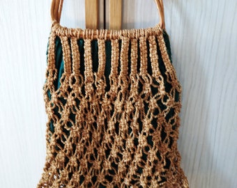 Vintage 80s Jute Shopper Bag,Jute Crochet Bag ,Hand Made Jute Basket,Basket Bag,Beach Bag,Eco Womens Bag