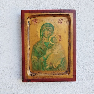 Vintage orthodoxe Ikone, die Madonna mit Kind, Wandbehang-Holz-Plakette, Geschenk, Ikone mit Gold darstellt