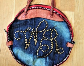 Vintage Jeans Einkaufstasche: Runde Jeanshandtasche mit Lederhenkeln