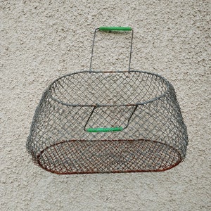 Vintage 1940 Metalldraht Eierkorb, antiker Drahtkorb mit Griffen, Metallgitterkorb Einkaufstasche, Aufbewahrungskorb, rustikales Bauernhaus Dekor