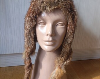 Vintage bruin echt bont Ushanka, unisex bont oor flap hoed, winter trapper hoed, lederen hoed, hoed met oren