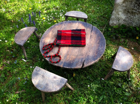 Vintage Table and Four Chairs Primitive Rustic Set round Dining