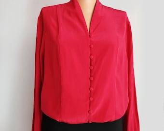 Vintage Red Silk Blouse: Long Sleeve Button-Down Shirt