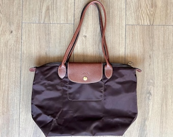 Longchamp | Opvouwbare nylon draagtas | Dames | Bruine leren bekleding