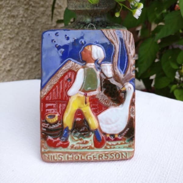 Vintage Nils Holgersson Ceramic Wall Plaque,Swedish NILS HOLGERSSON Small Handmade Ceramic ,Sweden Ceramic