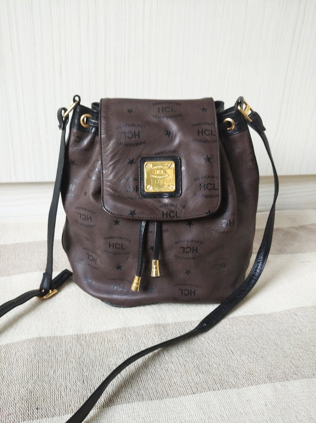 Vintage HCL Leather Bucket Bag: Brown Crossbody Shoulder Bag