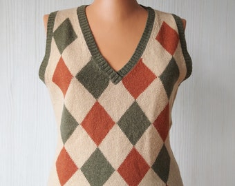 Gilet di lana da donna vintage Tintoretto con rombi, gilet in maglia vintage anni '90, gilet di maglione in lana a quadri