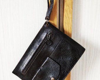 Vintage mannen zwart lederen polsbandje, zwart lederen heren clutch, vintage mannen organisator, cadeau voor hem