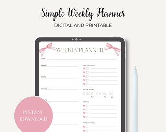 May include: A digital weekly planner template on a tablet screen with a pink ribbon design. The planner includes sections for weekly tasks, top priorities, water intake, chores, and appointments. The text "WEEKLY PLANNER" is at the top of the planner.