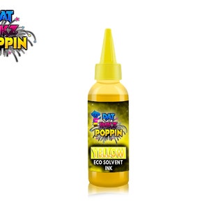 K&ouml;nnte beinhalten: Eine gelbe Flasche mit &Ouml;ko-L&ouml;sungsmittel-Tinte mit der Aufschrift "Gelb" und der Marke "Dat Inkz Poppin".