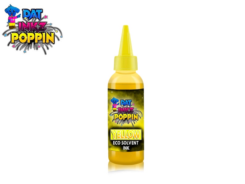 K&ouml;nnte beinhalten: Eine gelbe Flasche mit &Ouml;ko-L&ouml;sungsmittel-Tinte mit der Aufschrift "Gelb" und der Marke "Dat Inkz Poppin".