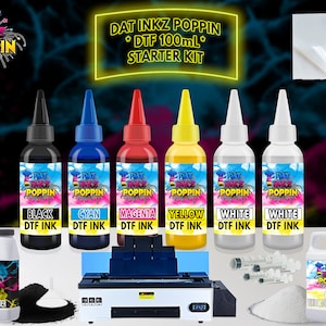 DTF Ink Bundle Starter Kit : (100ml Ink 6 Flaschen Set, 16 Unzen weißes und schwarzes selbstklebendes DTF-Pulver