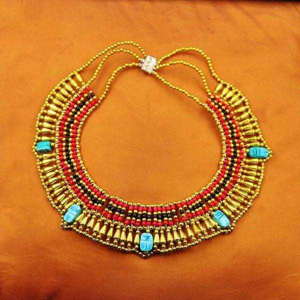 Magnifique collier égyptien de danse du ventre gitane fait à la main CLEOPATRA avec 5 scarabées... PETIT
