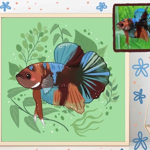 Cute custom Betta fish portrait (painting, pet, memorial gift, tank decor, aquarium lover, owner art, Siamese Fighting fish)