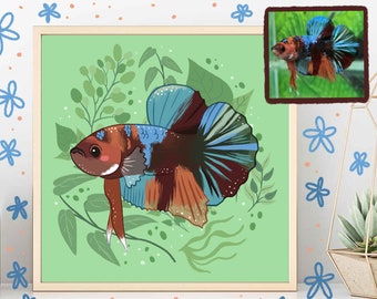 Lindo retrato personalizado de pez Betta (pintura, mascota, regalo conmemorativo, decoración de pecera, amante de los acuarios, arte del propietario, pez luchador siamés)
