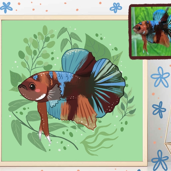 Niedliches Betta Fisch Portrait ( Gemälde, Haustier, Gedenkgeschenk, Tank Dekor, Aquarium Liebhaber, Besitzer Kunst, Siamesischer Kampffisch)