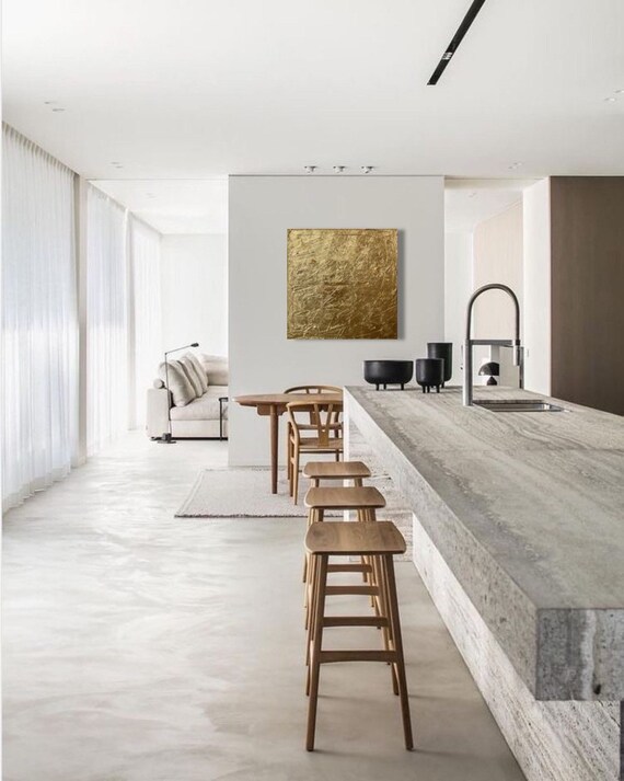 Handmade Gold Leaf Texture Painting: Minimalist Square Wall Art