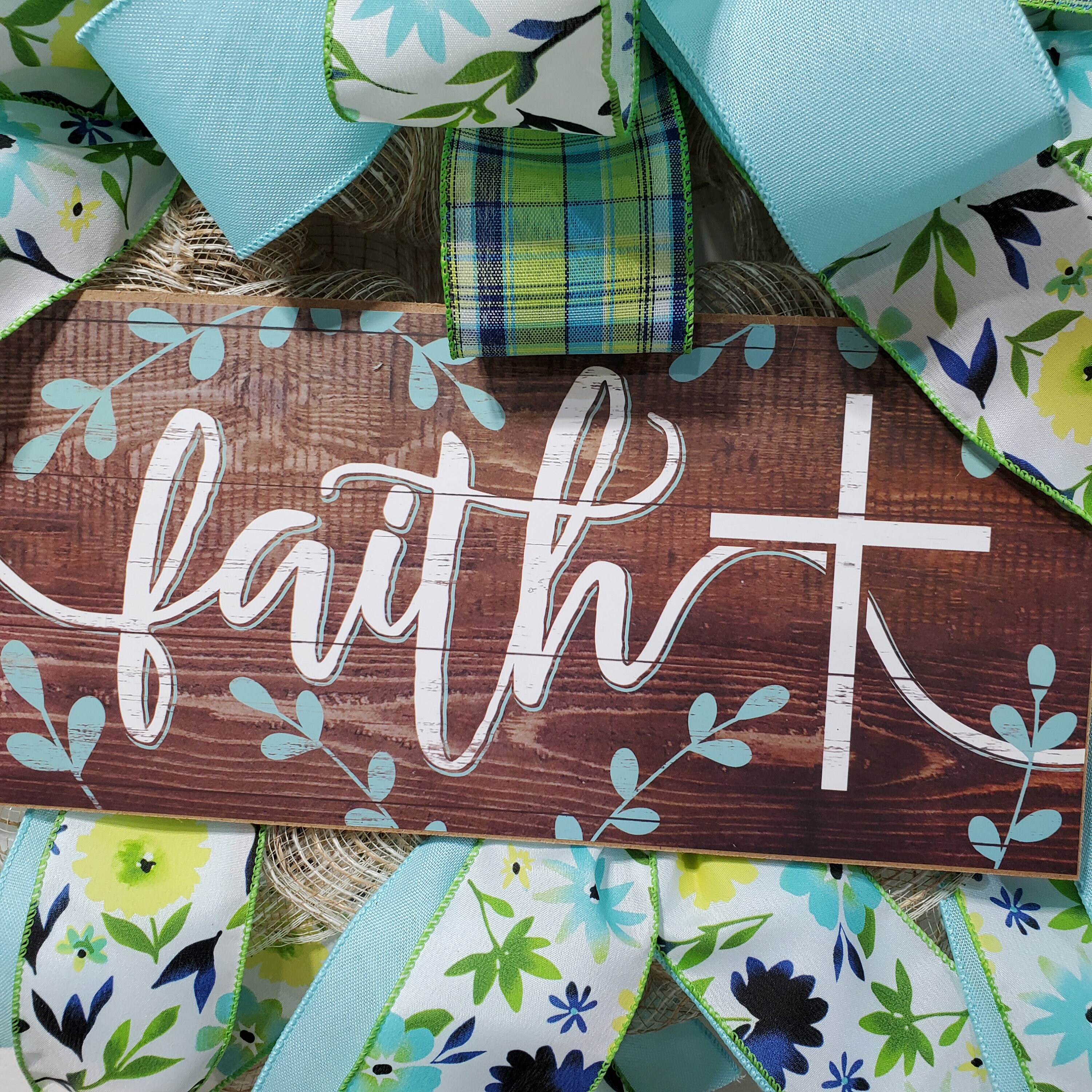 Religious Wreath With Faith Sign, Cross, Blue Floral Ribbon, First ...