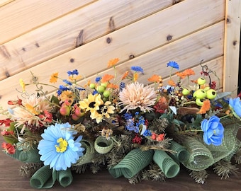 Fall Floral Centerpiece for Table, Blue and Orange Thanksgiving Arrangement, Rustic Country Decor, Faux Autumn Dining Table Decor