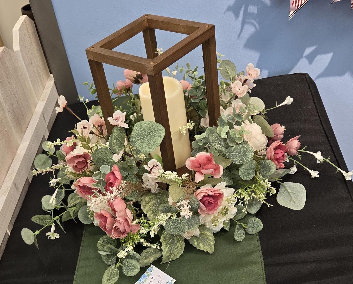 Blush Pink Floral Wedding Centerpiece with Wooden Lantern