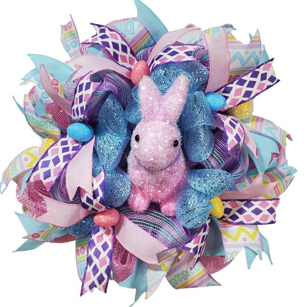 Small Easter Bunny wreath with ombre purple to pink bunny nestled in deco mesh, designer ribbon, perfect for your front door, Childs room