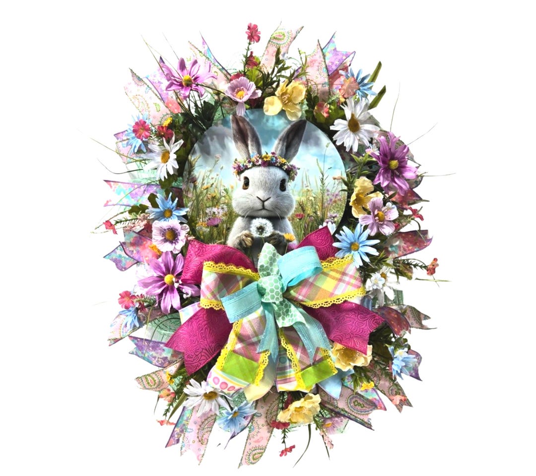 Spring Bunny Wreath – Floral Easter Door Decor With Colorful Ribbons ...