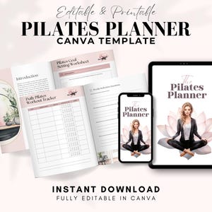 May include: A digital Pilates planner template with a soft, feminine aesthetic. The image showcases a printed planner, a smartphone, and a tablet, all displaying the planner's design. The text reads "Pilates Planner" and "Instant Download".