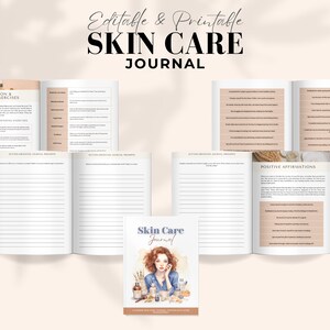 May include: A printable skin care journal featuring a watercolour illustration of a woman on the cover. The journal includes sections for deep relaxation and grounding exercises, action-oriented journal prompts, and positive affirmations.