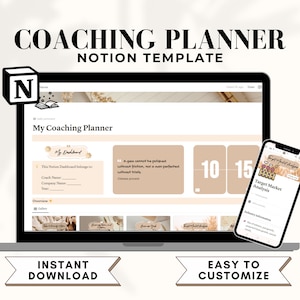 Könnte beinhalten: Ein Laptop-Bildschirm zeigt eine Notion-Vorlage für einen Coaching-Planer. Die Vorlage hat ein beige-braunes Farbschema mit dem Titel "Mein Coaching-Planer". Der Bildschirm zeigt auch einen Timer mit den Zahlen 10 und 15. Ein Handy-Bildschirm ist in der unteren rechten Ecke des Bildes sichtbar und zeigt einen Abschnitt der Vorlage mit dem Titel "Zielgruppenanalyse". Der Text "INSTANT DOWNLOAD" wird unter dem Laptop angezeigt und der Text "EASY TO CUSTOMIZE" wird unter dem Telefon angezeigt.