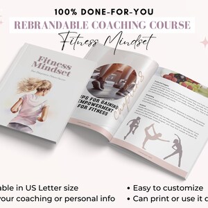 以下が含まれることがあります： ピンクと白のコーチングコースブック「Fitness Mindset: Your Blueprint to Fitness Success」は、表紙に水彩画で描かれた走っている女性のイラストが描かれています。この本は、「第1章」というタイトルのページを開いており、フィットネスのエンパワメントを得るためのヒントについて書かれています。