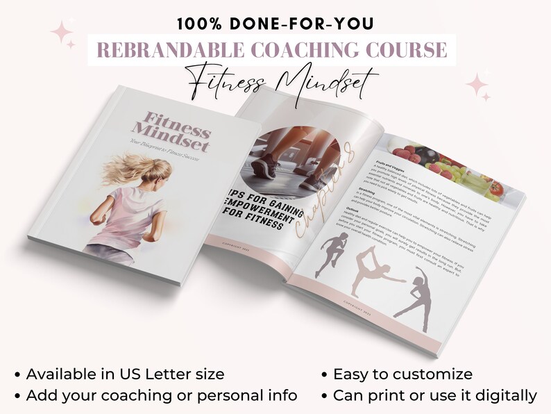以下が含まれることがあります： ピンクと白のコーチングコースブック「Fitness Mindset: Your Blueprint to Fitness Success」は、表紙に水彩画で描かれた走っている女性のイラストが描かれています。この本は、「第1章」というタイトルのページを開いており、フィットネスのエンパワメントを得るためのヒントについて書かれています。