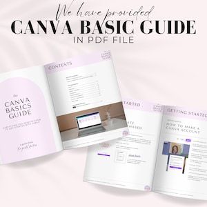 以下が含まれることがあります： 「The Canva Basics Guide」というタイトルのピンクと白のガイドブックで、「Everything you need to know to get started with Canva」と「A guide from the pretty little studio」というテキストが書かれています。ガイドブックは「Getting Started」というタイトルのページを開いており、「How to Make a Canva Account」というテキストと、Canvaのウェブサイトを示すコンピューター画面のスクリーンショットが表示されています。