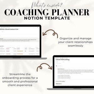 May include: A screenshot of a Notion template for coaching planners. The template includes a sales CRM and client contact list, as well as a client onboarding section. The text "What's inside?" and "COACHING PLANNER" is displayed at the top of the image.