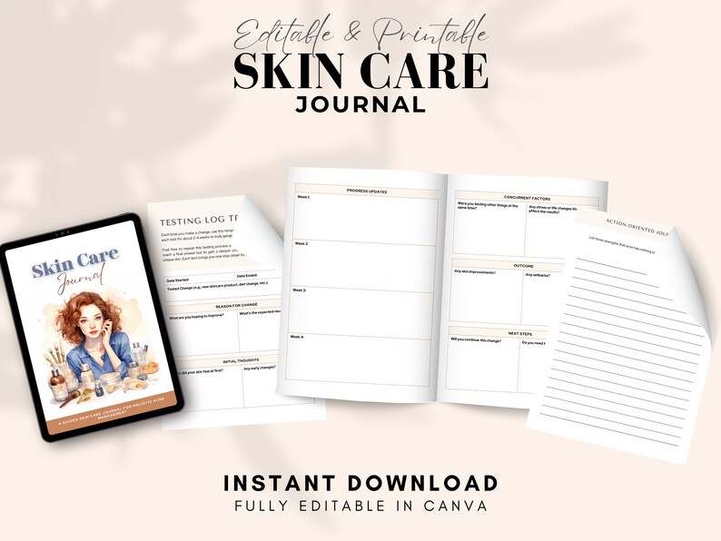 May include: A digital mockup of a printable skin care journal with the title "Skin Care Journal" in a white and black font. The journal is open to a page with the title "Testing Log It" and another page with the title "Consistently Patterns". The journal is fully editable in Canva and is available for instant download.